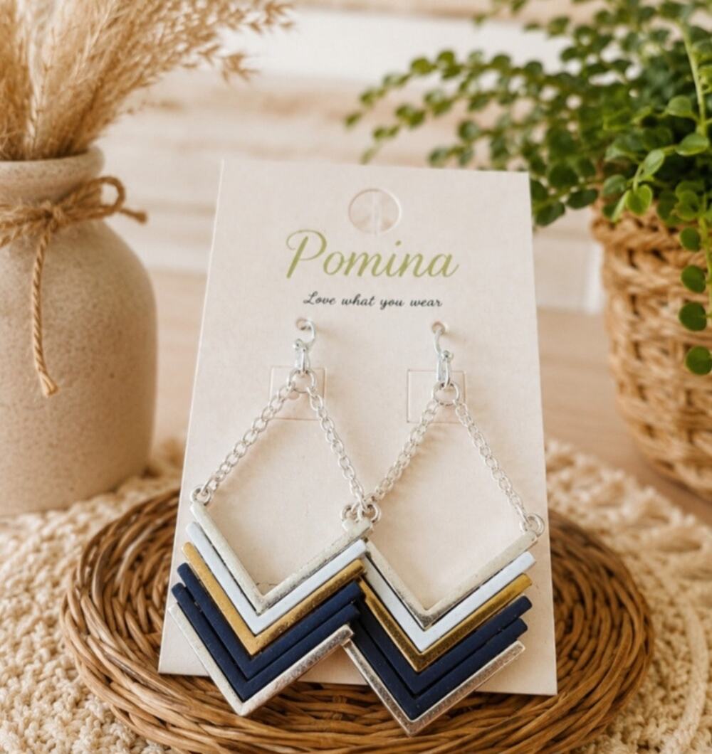 Pomina Silver Striped Navy Earrings New